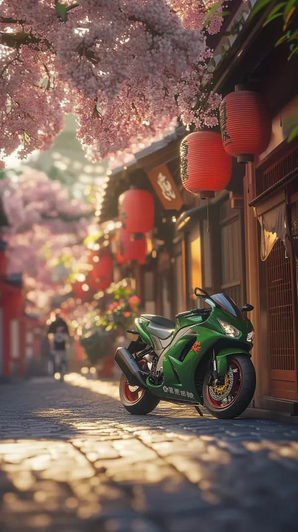 Green Sport Motorcycle on Lantern-Lit Cherry Blossom Street - HD Wallpaper, 4k Background Image