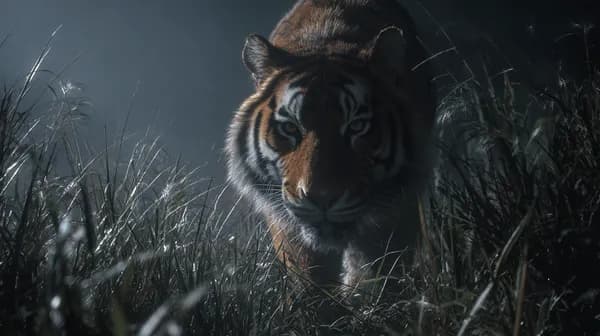 Moonlit Tiger Stalking Through Tall Grass – Night Wildlife Wallpaper - HD Wallpaper, 4k Background Image