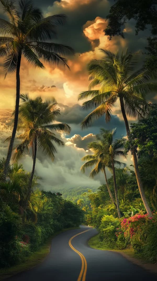 Golden Tropical Sunset Road Through Lush Palm Forest - HD Wallpaper, 4k Background Image