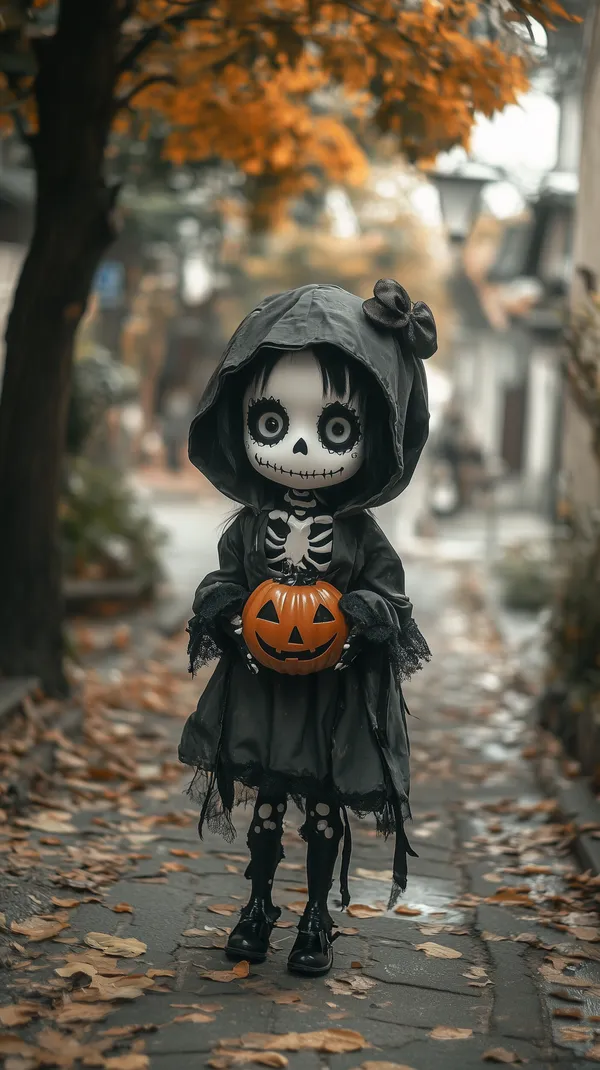 Spooky Halloween Doll in Hooded Cloak Holding a Pumpkin - HD Wallpaper, 4k Background Image