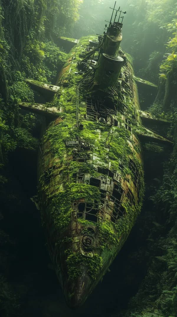 Overgrown Jungle Submarine Wreck Hidden in Mossy Green Ruins - HD Wallpaper, 4k Background Image