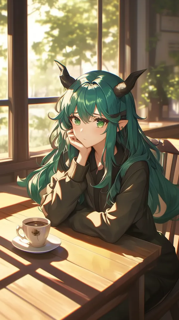Green-Haired Fantasy Girl in Cozy Café Sunset Wallpaper - HD Wallpaper, 4k Background Image
