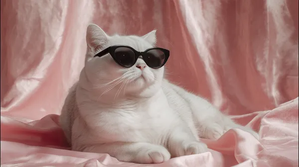 Chic White Cat in Sunglasses on Soft Pink Velvet Backdrop - HD Wallpaper, 4k Background Image