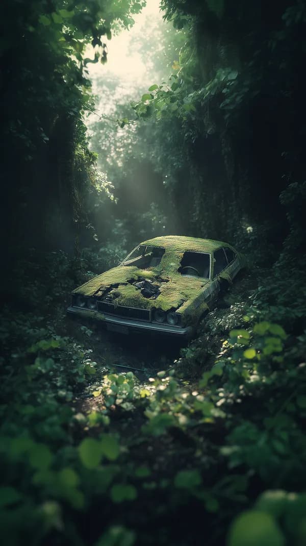 Abandoned Mossy Car in a Quiet Forest – Atmospheric Wallpaper - HD Wallpaper, 4k Background Image