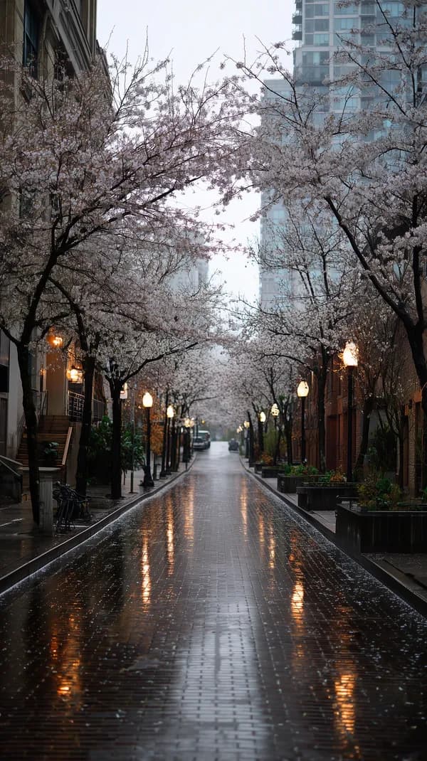 Urban street in spring drizzle with cherry blossoms and lights - HD Wallpaper, 4k Background Image