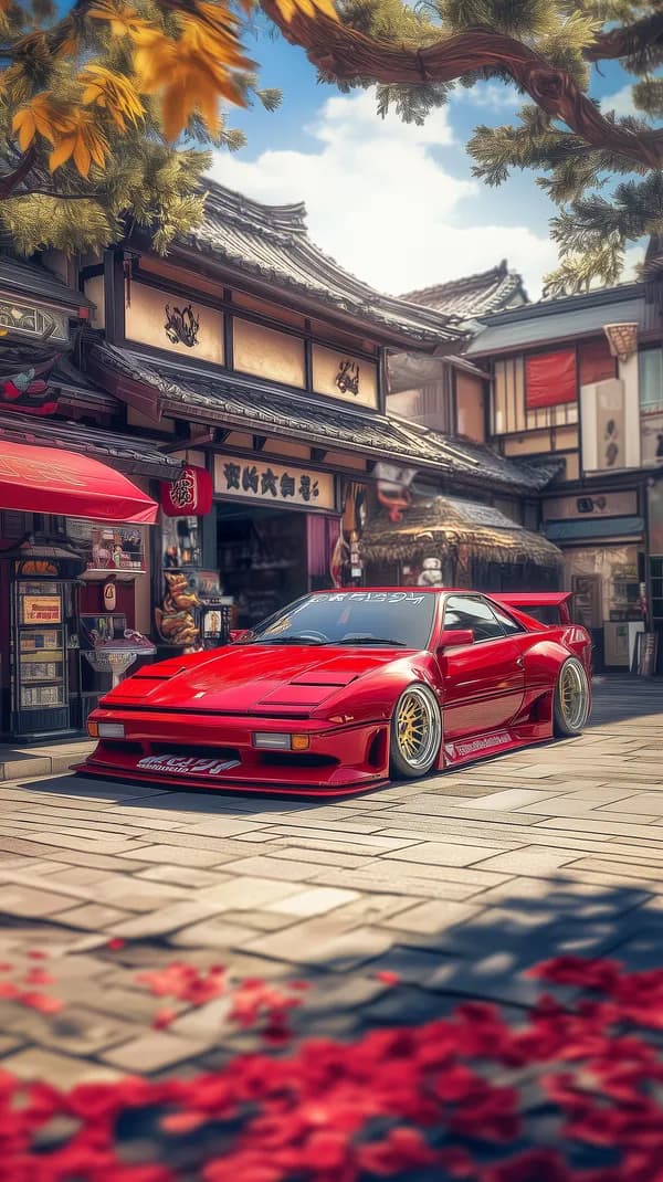 Vibrant Red Sports Car in Traditional Asian Street Scene - HD Wallpaper, 4k Background Image