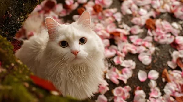 White Fluffy Cat Among Pink Petals - Soft Outdoor Wallpaper - HD Wallpaper, 4k Background Image