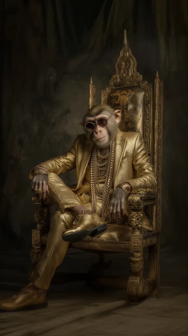Lux Gold-Suited Ape Portrait on an Opulent Regal Throne - HD Wallpaper, 4k Background Image