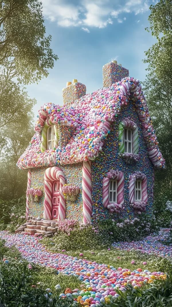 Whimsical Candy Cottage Wallpaper with Colorful Sugar Decorations - HD Wallpaper, 4k Background Image