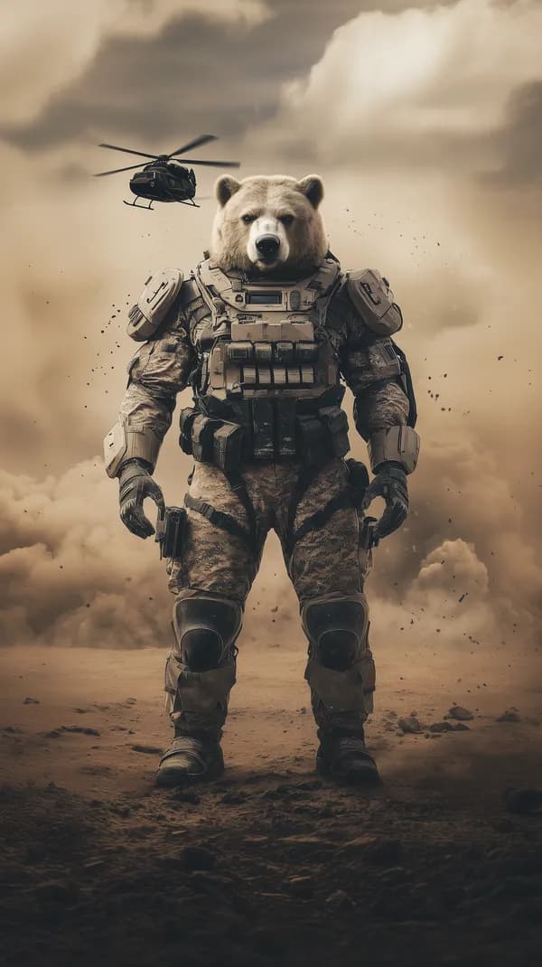 Bear Warrior in Tactical Armor on a Desolate Battlefield - HD Wallpaper, 4k Background Image