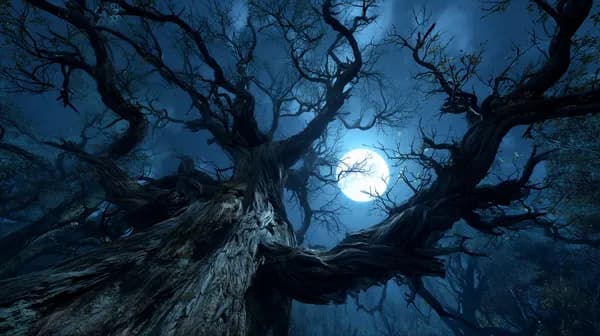 Moonlit Gnarled Forest at Night Dark Fantasy Wallpaper - HD Wallpaper, 4k Background Image