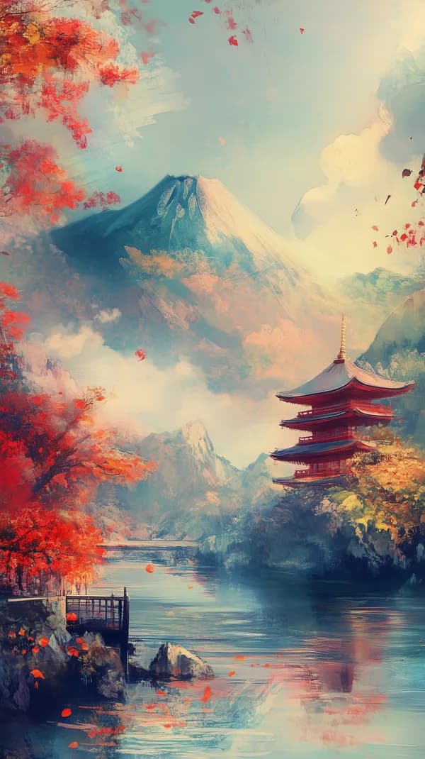 Dreamy Autumn Mountain Scene with Pagoda by a Serene Lake - HD Wallpaper, 4k Background Image