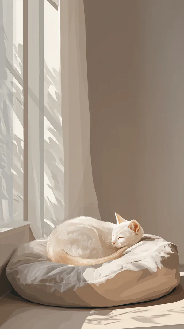 Sunlit Cozy Cat Sleeping in Beige Bed Wallpaper - Minimalist Desktop - HD Wallpaper, 4k Background Image