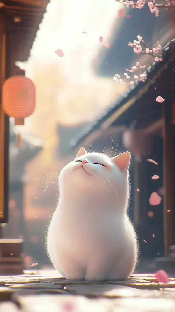Dreamy White Cat Under Cherry Blossom Sunlight - Calming Wallpaper - HD Wallpaper, 4k Background Image