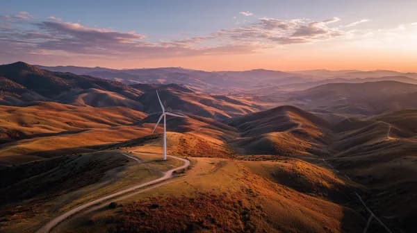 Golden Hour Hillside Landscape with Wind Turbine at Sunset - HD Wallpaper, 4k Background Image