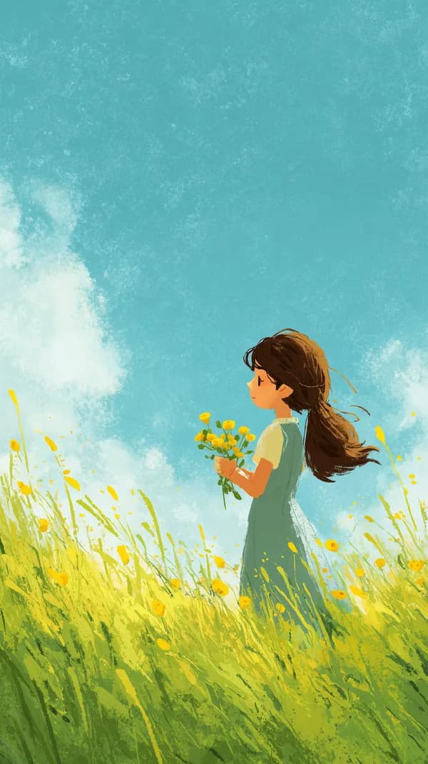 Sunlit Meadow Girl with Yellow Flowers - Dreamy Illustration - HD Wallpaper, 4k Background Image