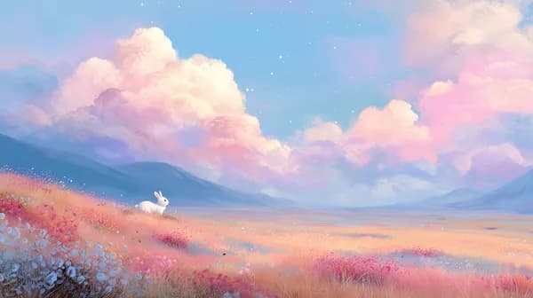Pastel Dream Landscape with Flowers and White Rabbit - HD Wallpaper, 4k Background Image