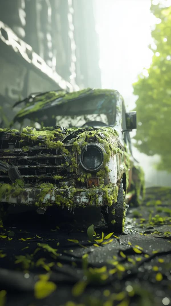 Overgrown Abandoned Car in Sunlit Urban Decay Scene with Moss - HD Wallpaper, 4k Background Image