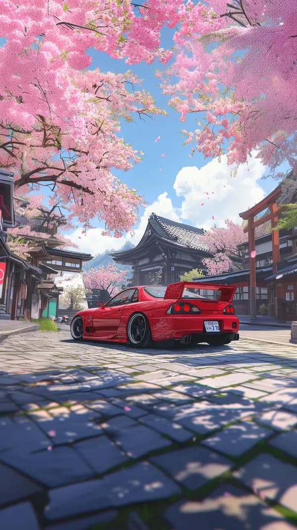 Red Sports Car Under Cherry Blossom Sky - Anime Street Wallpaper - HD Wallpaper, 4k Background Image