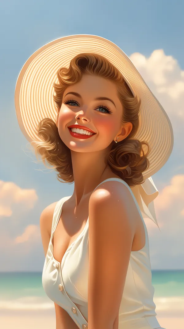 Sunny Beach Portrait with Wide-Brim Hat — Vintage Style Illustration - HD Wallpaper, 4k Background Image