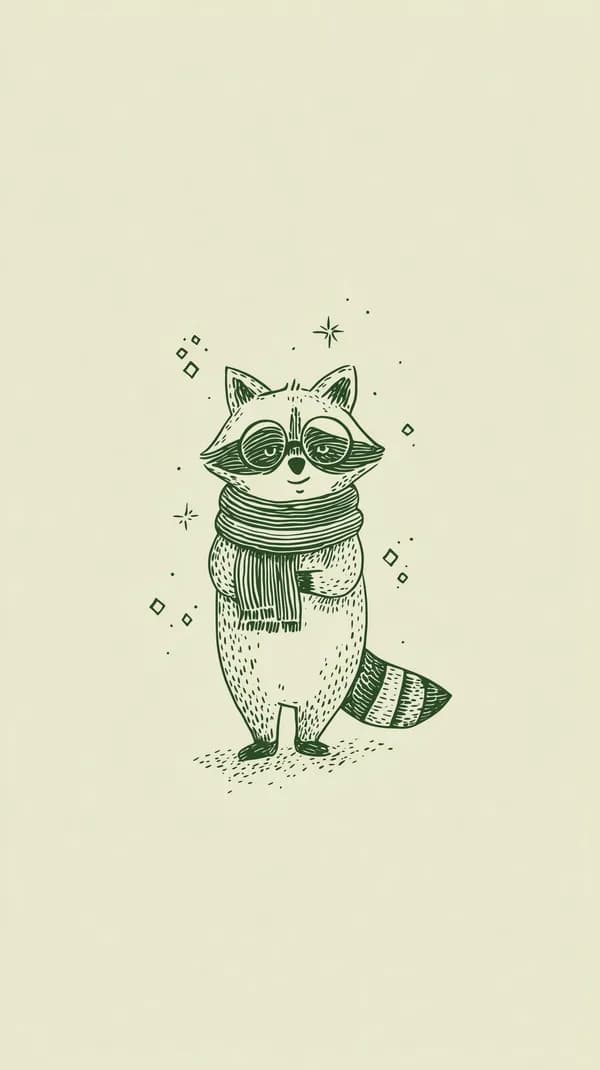 Whimsical Raccoon in Scarf — Hand-Drawn Green Ink Art - HD Wallpaper, 4k Background Image