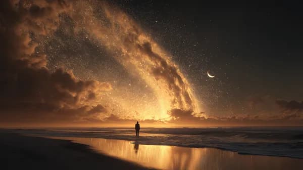 Golden Arc Night Sky over Ocean with Lone Silhouette - HD Wallpaper, 4k Background Image