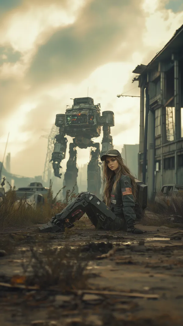 Desolate Cityscape with Female Pilot and Massive Battle Mech - HD Wallpaper, 4k Background Image