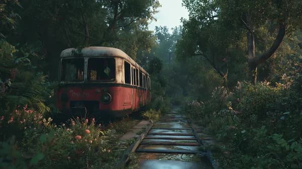 Overgrown Forest Bus on Abandoned Rail Tracks at Dusk - HD Wallpaper, 4k Background Image