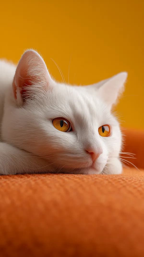 White Cat Portrait with Golden Eyes on Warm Orange Background - HD Wallpaper, 4k Background Image