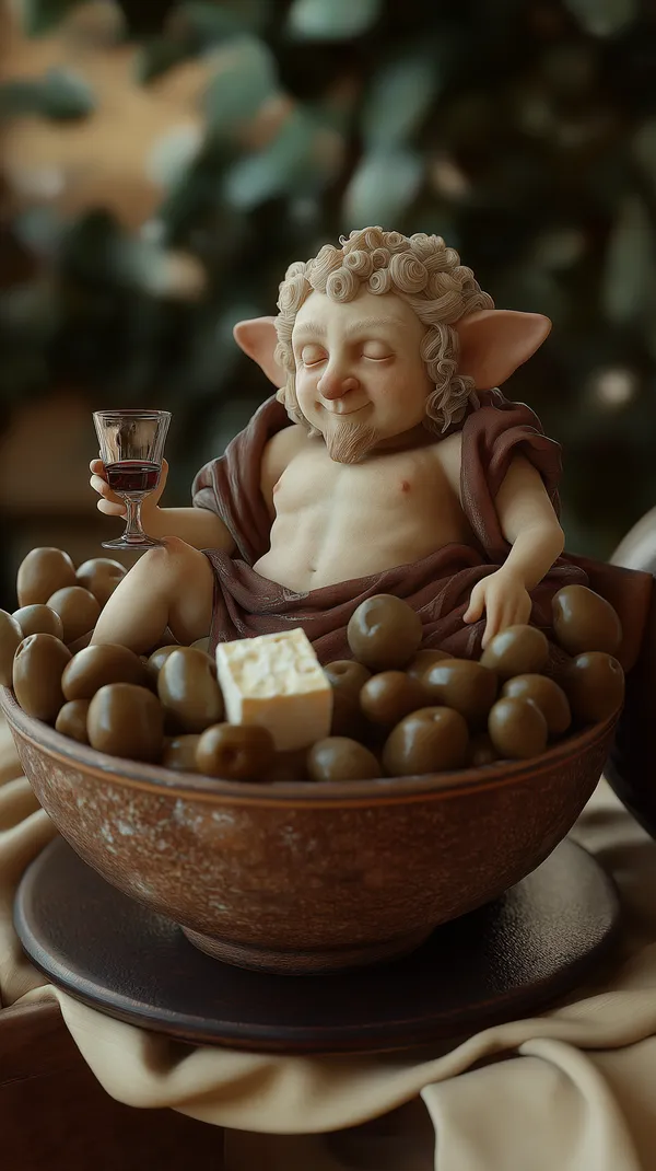Whimsical goblin in olive bowl with wine - fantasy 3D art - HD Wallpaper, 4k Background Image