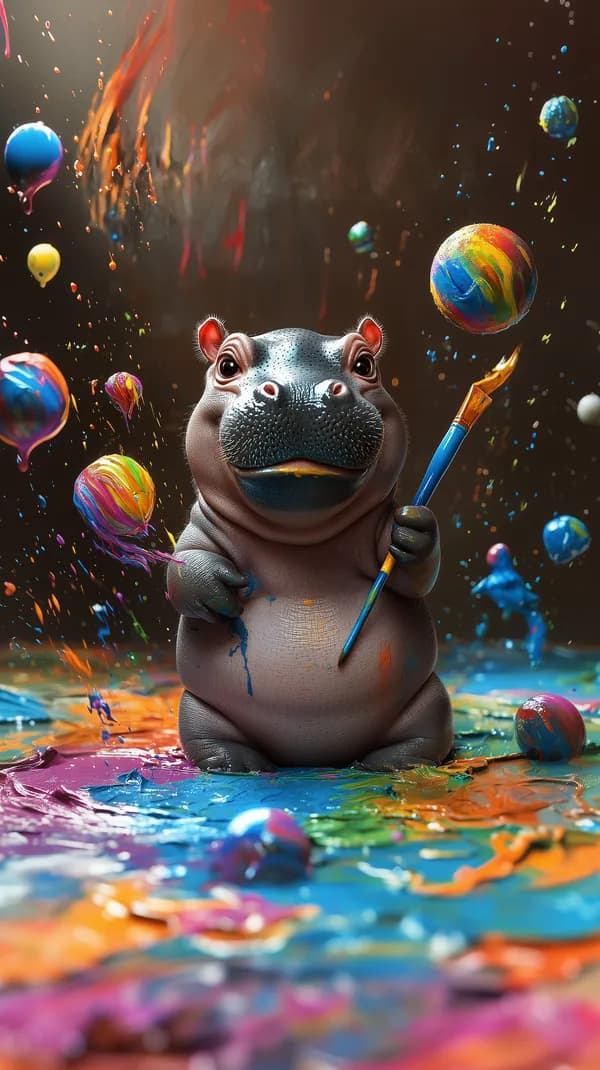 Playful Hippo Artist Surrounded by Colorful Paint Splash - HD Wallpaper, 4k Background Image