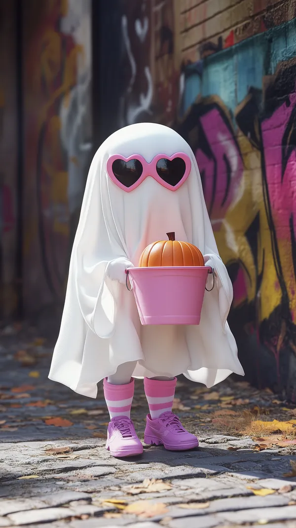 Cute Ghost Costume with Pumpkin Bucket in Graffiti Alley - HD Wallpaper, 4k Background Image