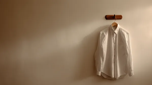 Minimalist White Shirt on Wooden Hanger Under Warm Wall Light - HD Wallpaper, 4k Background Image