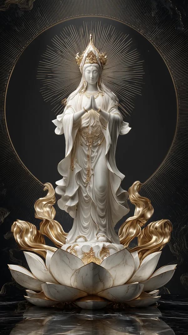 Graceful Goddess Statue on a Golden Lotus pedestal – White Marble Art - HD Wallpaper, 4k Background Image