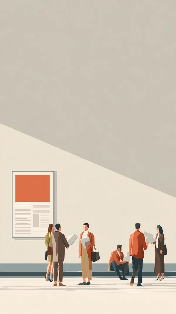 Minimalist Gallery Scene With People Reading Posters - HD Wallpaper, 4k Background Image
