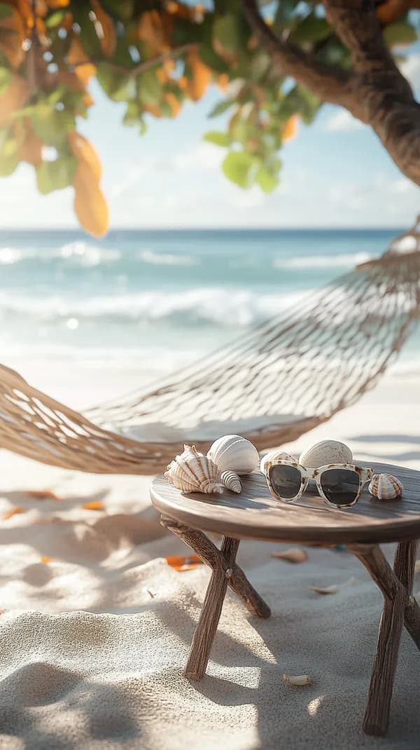 Tranquil Beach Hammock Scene with Shells and Sunglasses - HD Wallpaper, 4k Background Image