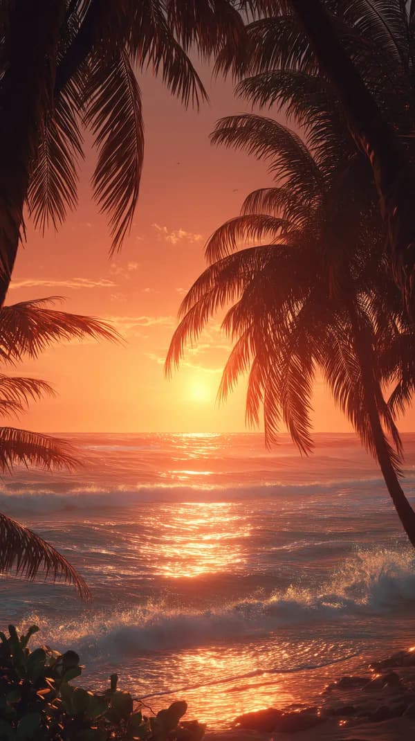 Tropical Sunset Over Ocean with Framing Palm Trees Silhouettes - HD Wallpaper, 4k Background Image