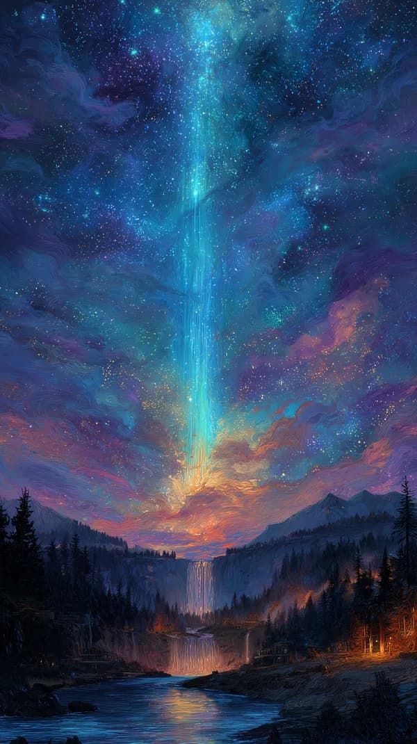 Celestial Beam over Twilight Valley - Fantasy Night Sky - HD Wallpaper, 4k Background Image