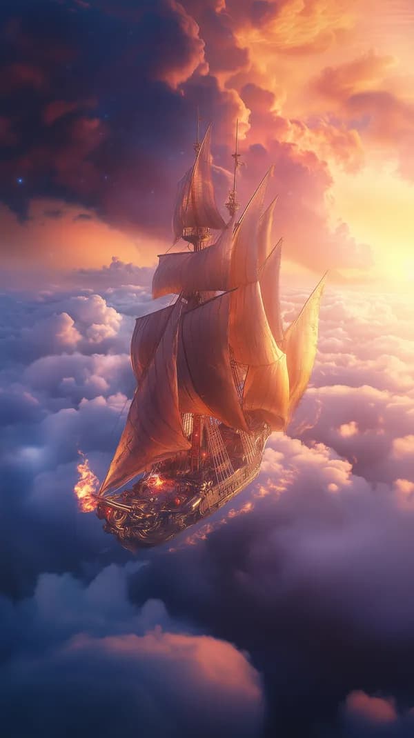 Skyborne Sailing Ship at Sunset Clouds - Fantasy Wallpaper - HD Wallpaper, 4k Background Image
