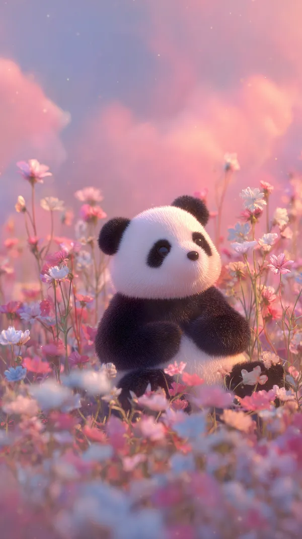 Dreamy Panda in a Pink Flower Field with Pastel Sunset Wallpaper - HD Wallpaper, 4k Background Image