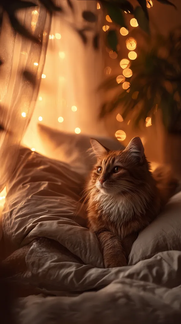 Cozy Cat on a Bed with Warm Fairy Lights - Dreamy Wallpaper - HD Wallpaper, 4k Background Image