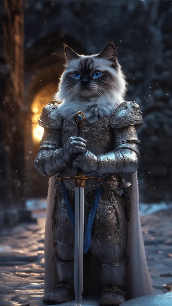 Armored Cat Knight with Sword in a Frosty Fantasy Realm - HD Wallpaper, 4k Background Image
