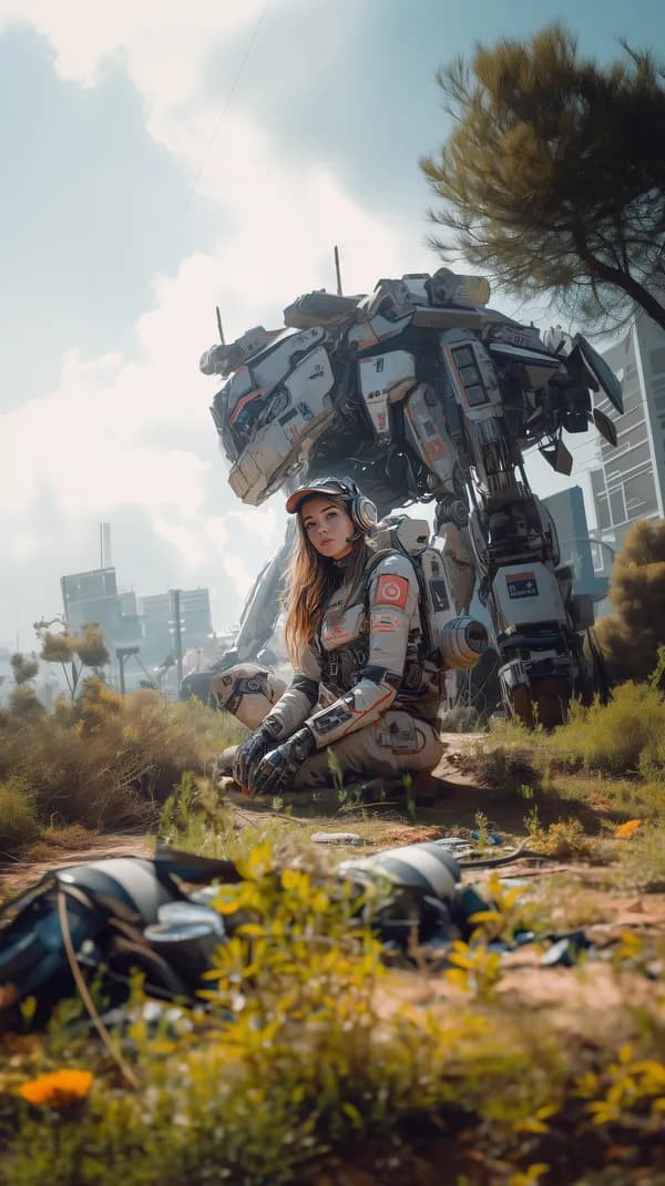 Futuristic Explorer with Giant Mech in a Sunny Cityscape - HD Wallpaper, 4k Background Image