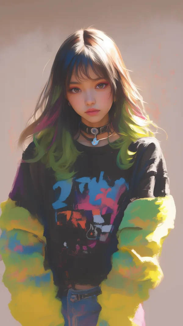 Vibrant Rainbow Hair Portrait in Neon Streetwear Fashion - HD Wallpaper, 4k Background Image