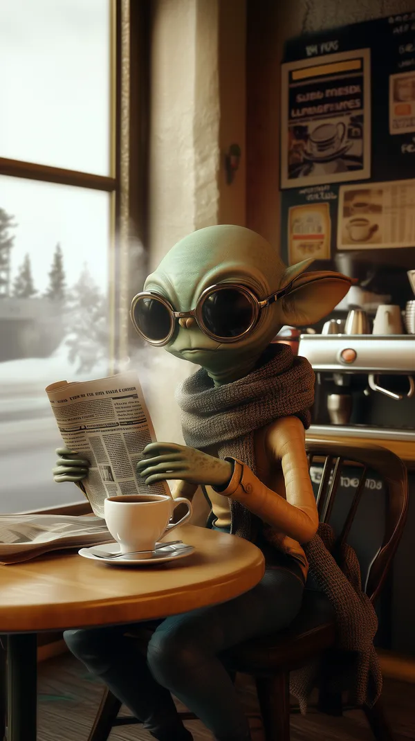 Green Alien in Cozy Cafe with Glasses Reading a Newspaper by Window - HD Wallpaper, 4k Background Image