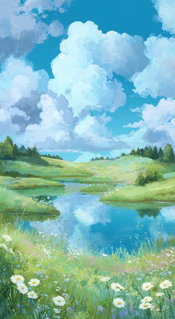 Dreamy Meadow Sky Landscape Wallpaper - Serene River Scene - HD Wallpaper, 4k Background Image