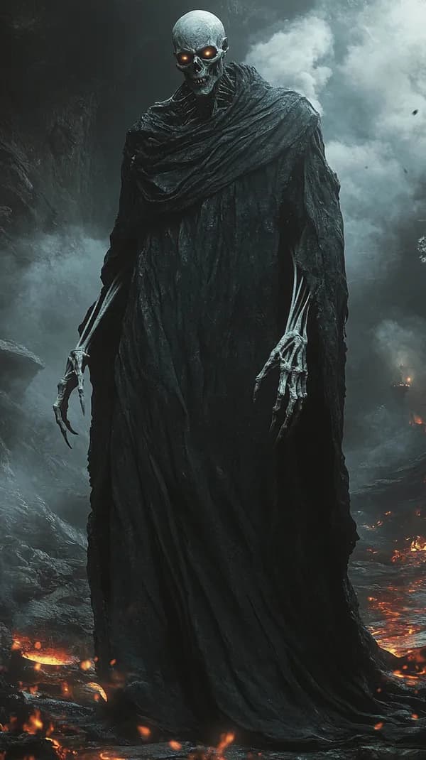 Eerie Skeletal Wraith in Tattered Cloak Amid Embers - HD Wallpaper, 4k Background Image