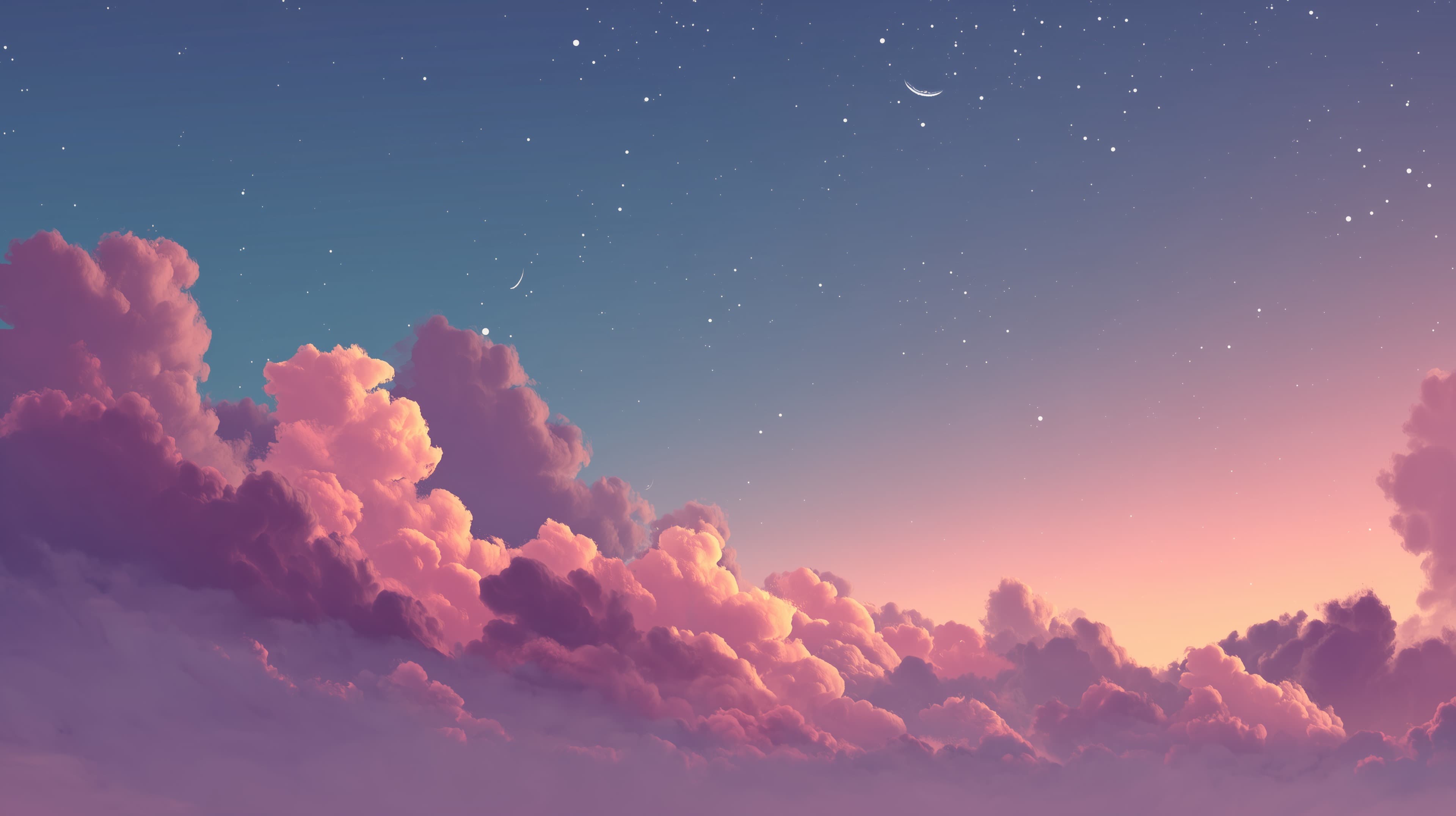 Dreamy Sunset Sky with Pink Clouds and Sparkling Night Sky - High Resolution calm-sky Wallpaper for Mobile and Desktop