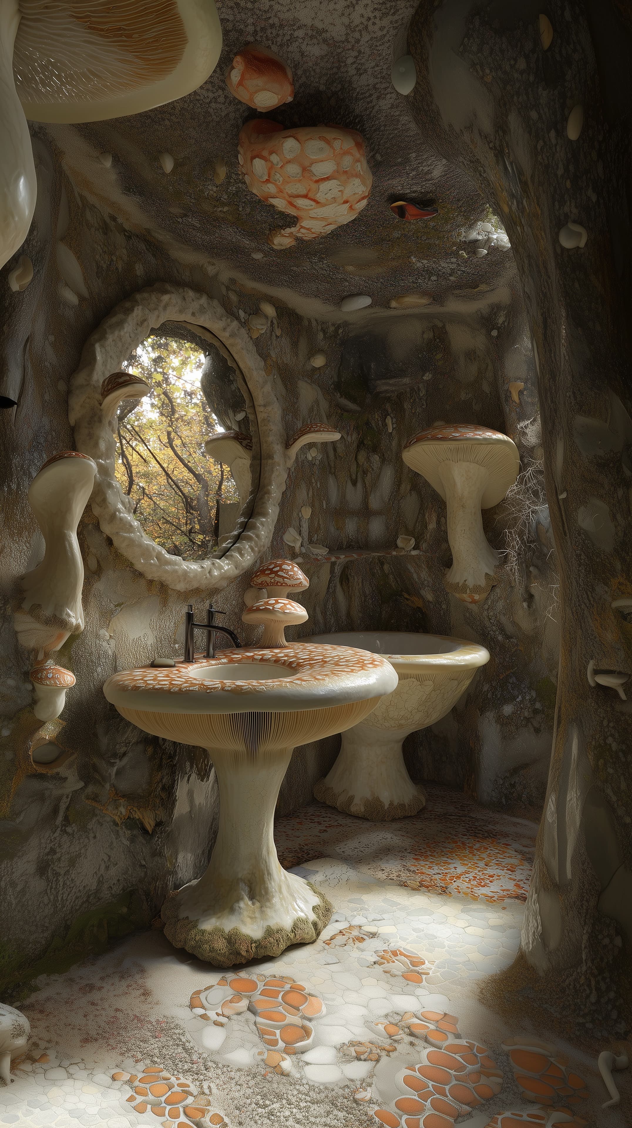 Whimsical Mushroom Bathroom Wallpaper with Organic Sinks - High Resolution cave-inspired-bathroom Wallpaper for Mobile and Desktop