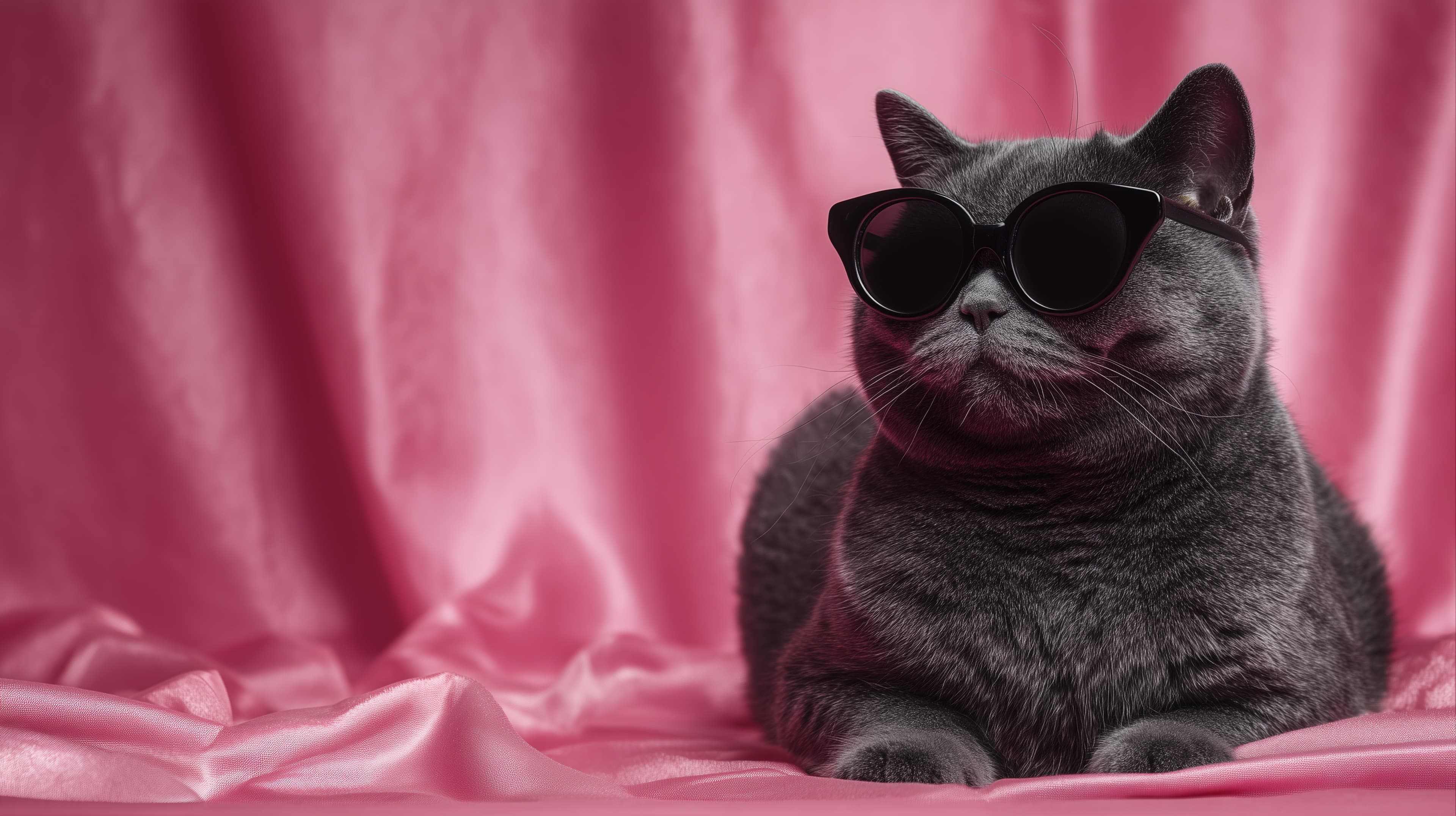 Stylish gray cat with sunglasses on pink satin backdrop - High Resolution cat Wallpaper for Mobile and Desktop